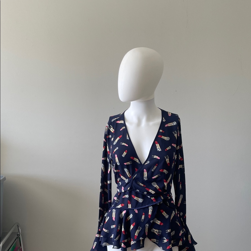 bebe Navy Printed Wrap Blouse